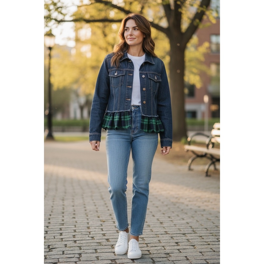 Umgee Denim Small Jacket Blue Green Plaid‎ Ruffle Hem Cropped Jean Coat